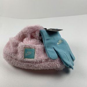 Nike Youth 2-Piece Set One Size Pink Aqua‎ Winter Beanie Hat with Gloves S8294
